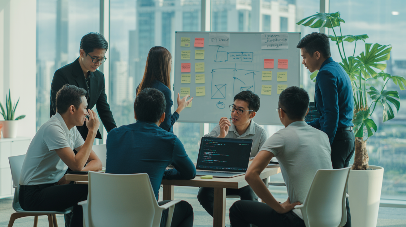 This image shows a team of six professionals engaged in a collaborative brainstorming session within a modern office environment. They are gathered around a table with an open laptop displaying code, while discussing ideas and strategies. In the background, a whiteboard is covered with diagrams and colorful sticky notes, indicating an agile or design thinking process. Floor-to-ceiling windows provide a cityscape view, adding to the contemporary workplace atmosphere. This setup exemplifies a dynamic software development or project management meeting.