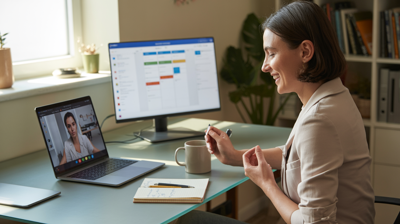 The image depicts a woman sitting at a desk in a well-lit home office environment, engaging in a video conference call on a laptop. She is smiling and using hand gestures, indicating active communication. On the desk, there is a notebook with handwritten notes and a pen, a coffee mug, and an additional closed laptop. Behind the laptop is an external monitor displaying a digital calendar or scheduling application with various colored events. The setting includes office shelves with books and plants in the background, contributing to a professional yet comfortable workspace. This image can illustrate remote working, virtual meetings, productivity, and home office setups.