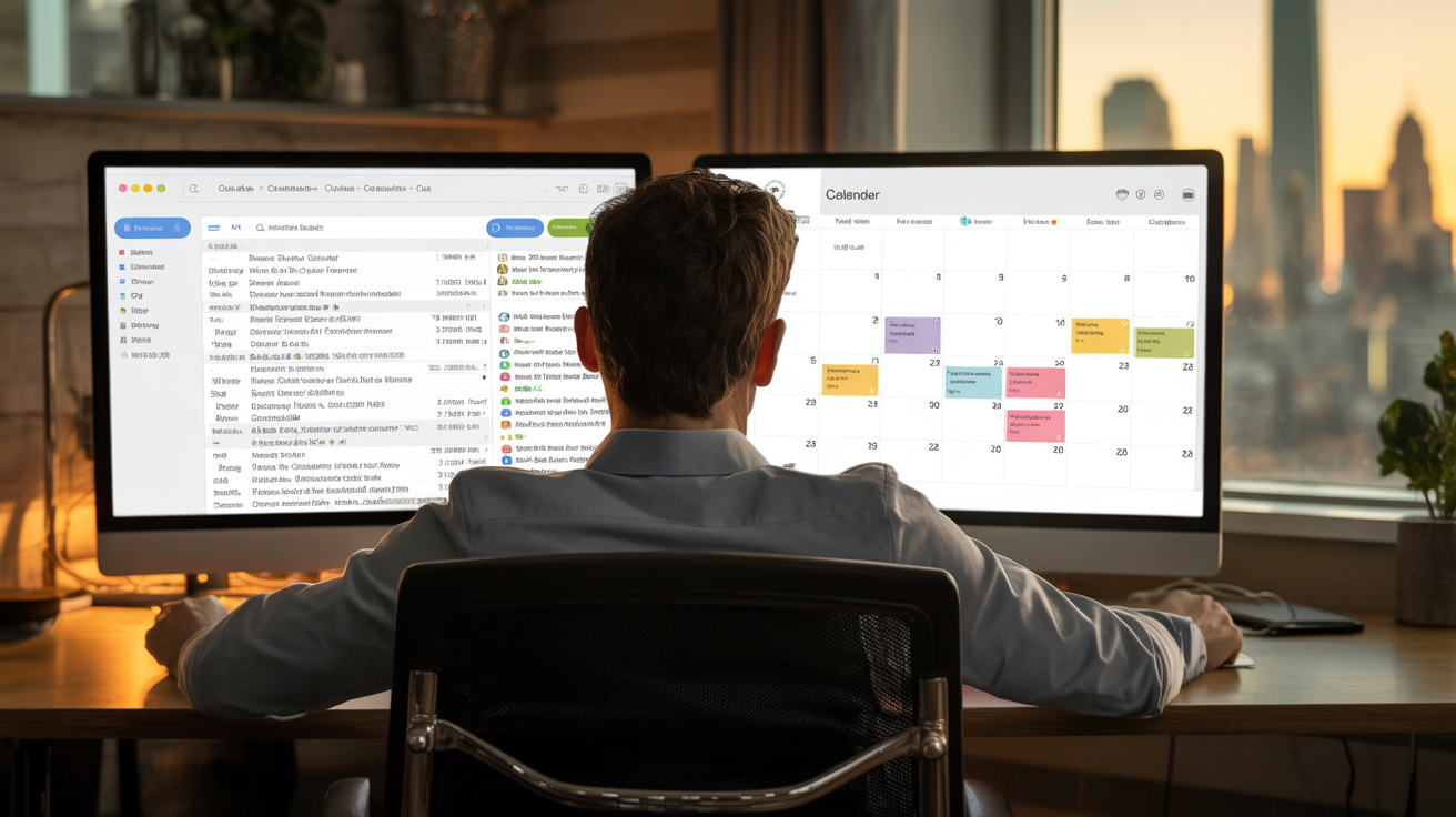 This image shows a man sitting at a wooden desk in an office environment, facing two large monitors. The left monitor displays an email inbox interface with a list of messages and navigation menu, while the right monitor shows a calendar application with scheduled events marked in various colors. Outside the window, a cityscape is visible during sunset, adding ambient natural light to the workspace. The scene illustrates a professional managing communication and scheduling tasks using dual-screen setup, highlighting productivity tools for office work.