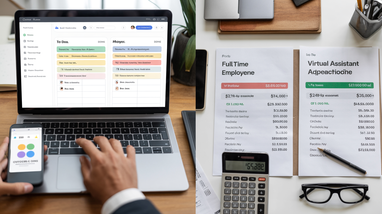 The image is divided into two sections. The left section shows a person interacting with a laptop that displays a task management application featuring 'To Do' and 'Done' columns with tasks assigned to individuals, alongside a smartphone showing a related app. The right section depicts printed documents on a desk comparing salaries and compensation details of full-time employees and virtual assistants, accompanied by a calculator, a pair of glasses, and a pen. This setting represents an office workspace focused on task tracking and financial comparison of employment types.