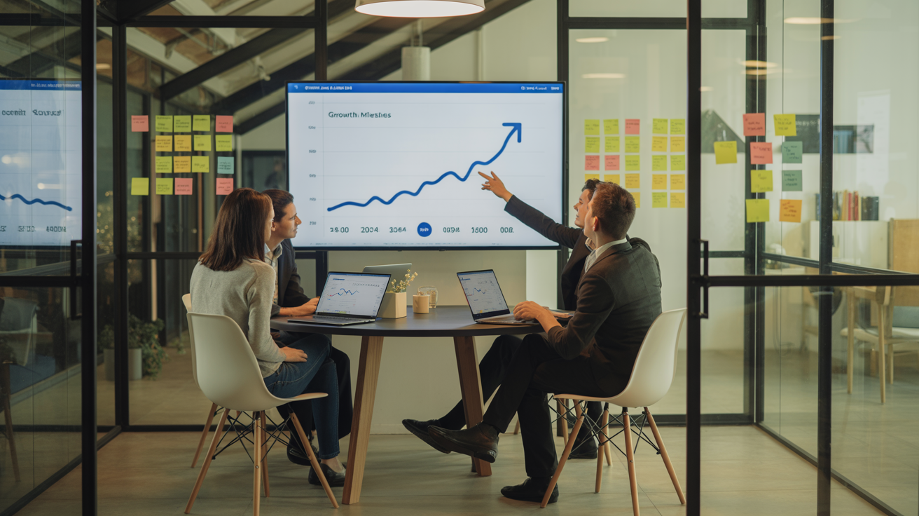 This image shows a professional business meeting in a modern glass-walled conference room where four colleagues are seated around a round table. Two men in business suits and two casually dressed professionals are engaged in discussion while viewing a large digital screen mounted on the wall. The screen displays a line graph titled 'Growth Metrics' with an upward trend symbolizing positive performance or progress. Both laptops on the table also show similar charts. The room features multiple colorful sticky notes on the glass walls, indicating brainstorming or project management activity. The image represents a collaborative business environment focused on analyzing data and strategic planning.
