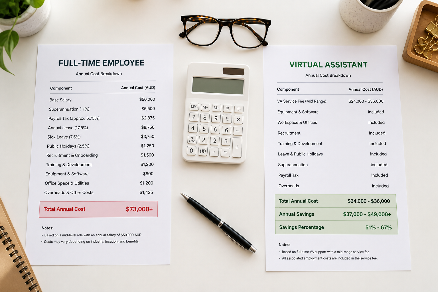 This image shows two printed documents side by side on a desk, comparing the annual cost breakdown of a full-time employee versus a virtual assistant (VA) in Australian dollars (AUD). The left document details costs associated with a full-time employee, including base salary, superannuation, payroll tax, leave, recruitment, training, equipment, office space, and overheads, summing to over $73,000 AUD annually. The right document outlines the costs for a virtual assistant, listing a mid-range service fee between $24,000 to $36,000 AUD, with all other costs such as equipment, utilities, recruitment, training, leave, superannuation, payroll tax, and overheads included. It highlights estimated annual savings ranging from $37,000 to $49,000+ AUD, representing a 51% to 67% savings compared to employing a full-time staff member. A calculator, glasses, a pen, and some desk accessories are also visible, underscoring a business or financial context. This comparison is useful for organizations evaluating cost efficiency between employing staff directly or outsourcing to virtual assistants.