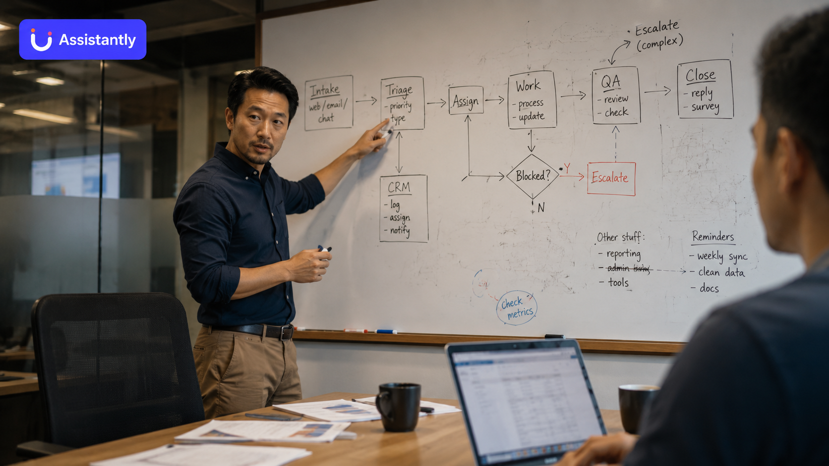 The image shows a professional business meeting where a man is presenting a process workflow diagram on a whiteboard. The diagram outlines a step-by-step workflow including stages such as Intake, Triage, Assign, Work, QA, and Close, with decision points like Blocked status and escalation procedures. The presenter is explaining the triage stage, indicating priority and type assessment. Notes on the whiteboard detail CRM actions, reminders, and other administrative tasks. In the foreground, another person is seated with a laptop, viewing the presentation. This image can be used to illustrate corporate workflow planning, project management discussions, or team collaboration processes.