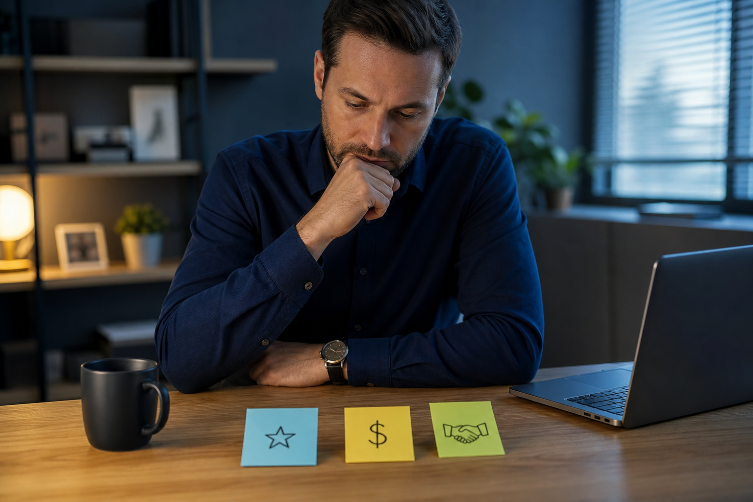 The image shows a man sitting at a desk in a dimly lit office environment, thoughtfully considering three colorful Post-it notes placed in front of him. Each note features a different icon: a star on the blue note, a dollar sign on the yellow note, and a handshake on the green note, symbolizing goals, financial considerations, and partnerships or agreements respectively. The man is dressed in a dark blue shirt and appears focused, suggesting he is strategizing or prioritizing business objectives. On the desk, there is also a closed laptop and a black coffee mug, indicating a work setting. The background includes shelves with framed pictures and plants, contributing to a professional yet relaxed ambiance. This image can be used to represent decision-making, business planning, or strategic thinking in professional knowledge bases or presentations.