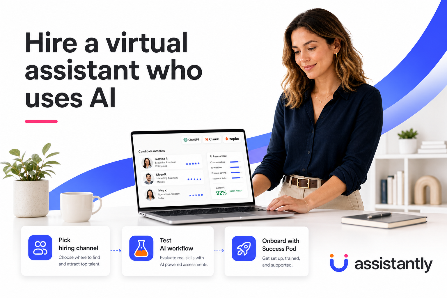 Hire a virtual assistant who uses AI hero graphic showing entrepreneur reviewing AI-trained VA candidates