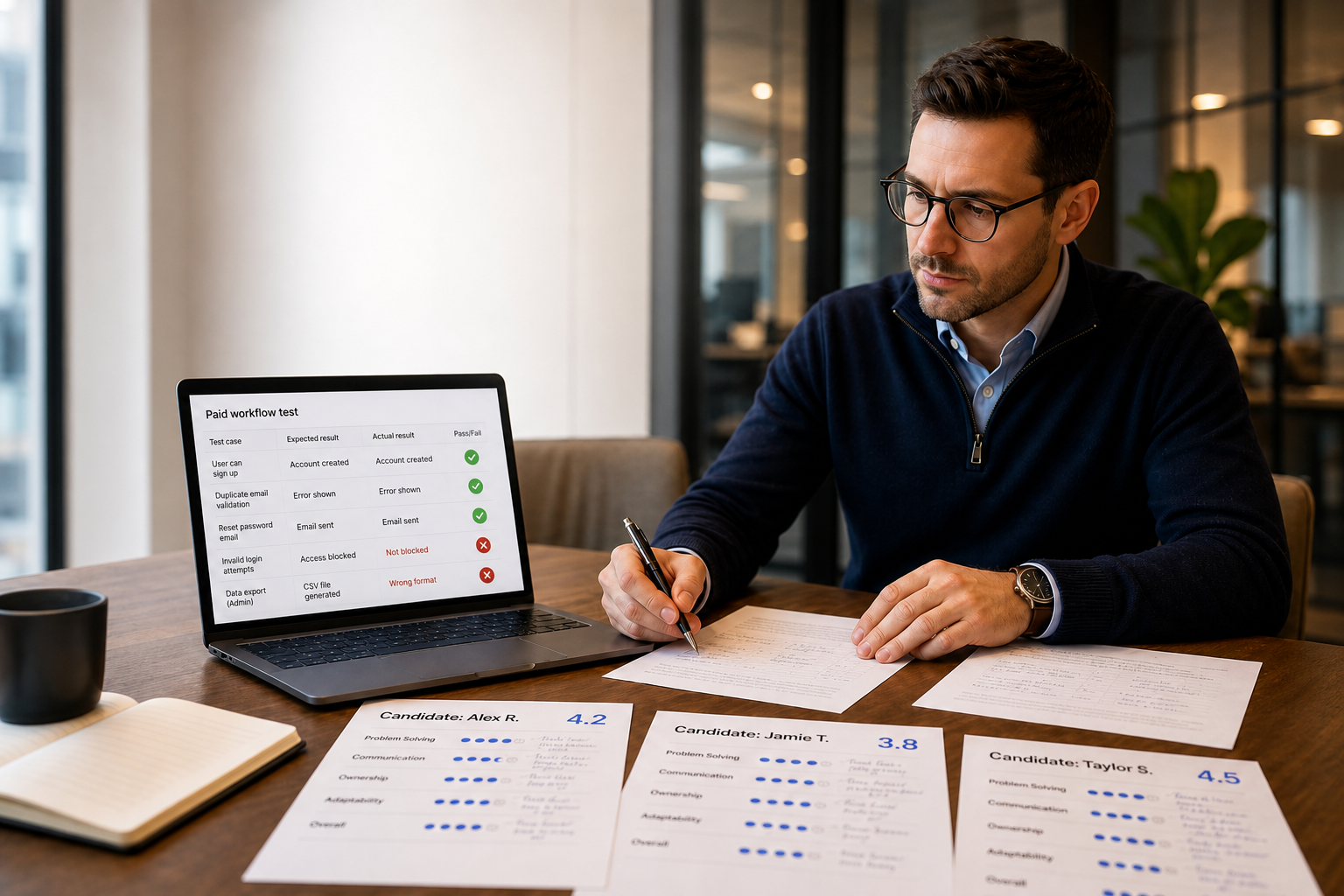 Hiring manager reviewing paid AI fluency workflow test scorecards