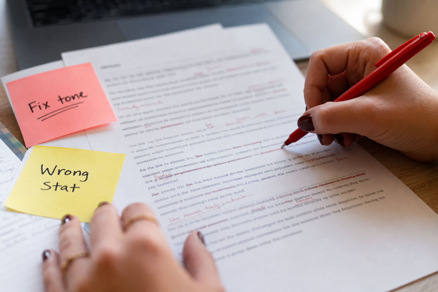 Virtual assistant marking corrections on a printed AI-generated client email before send