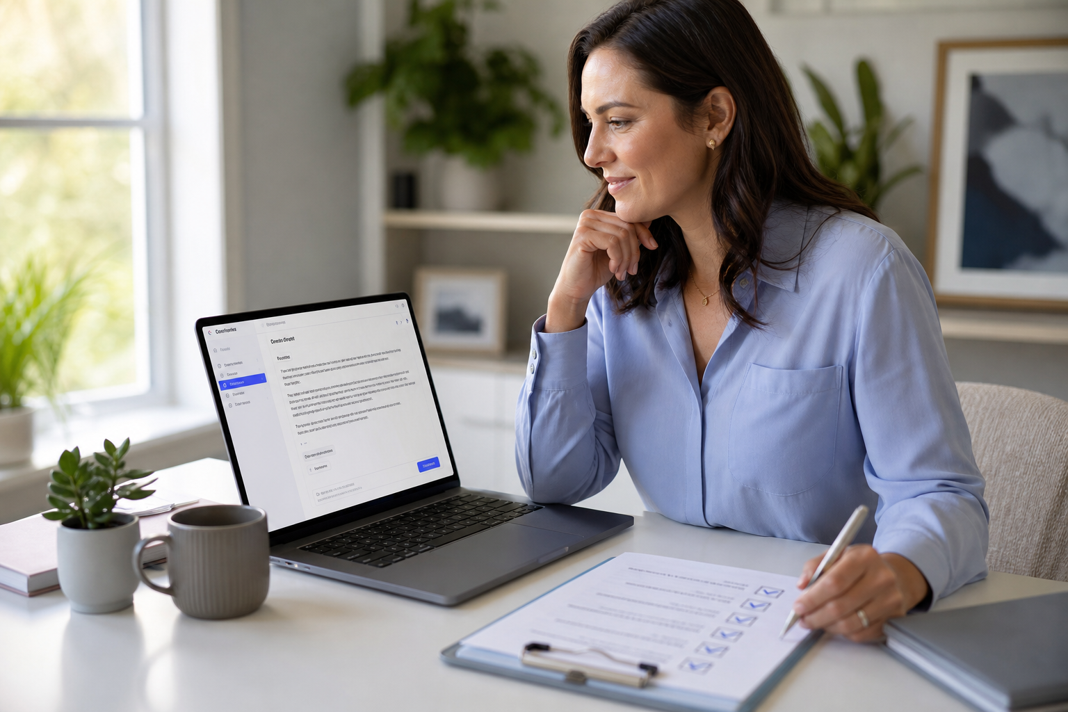 AI-enhanced human virtual assistant reviewing AI draft with human QA checklist before send