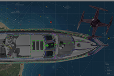 Top-down schematic of a boat with a drone flying nearby, showing their alignment and positions over a nautical map.