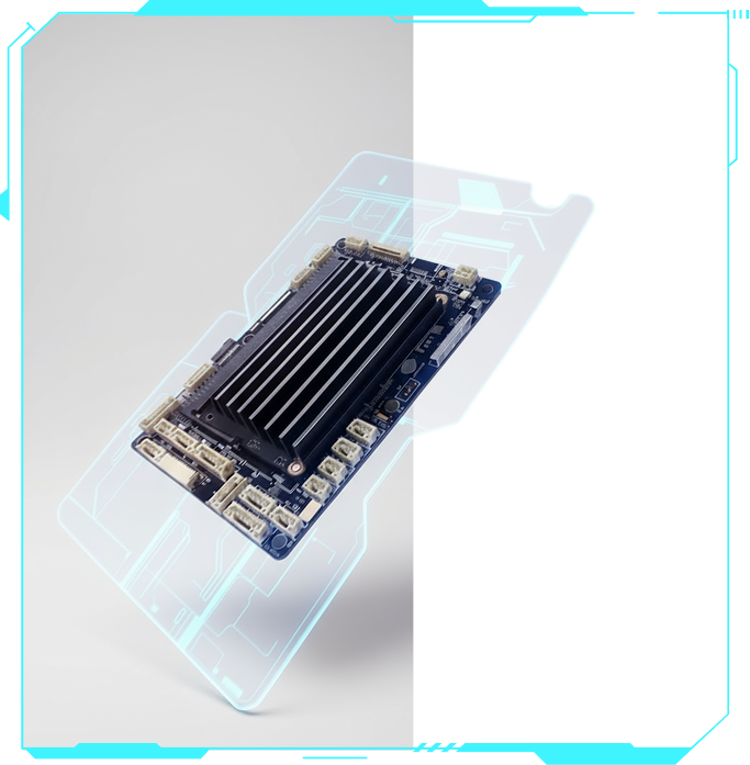 Electronics board with a large black heat sink mounted on a translucent blue circuit design background.