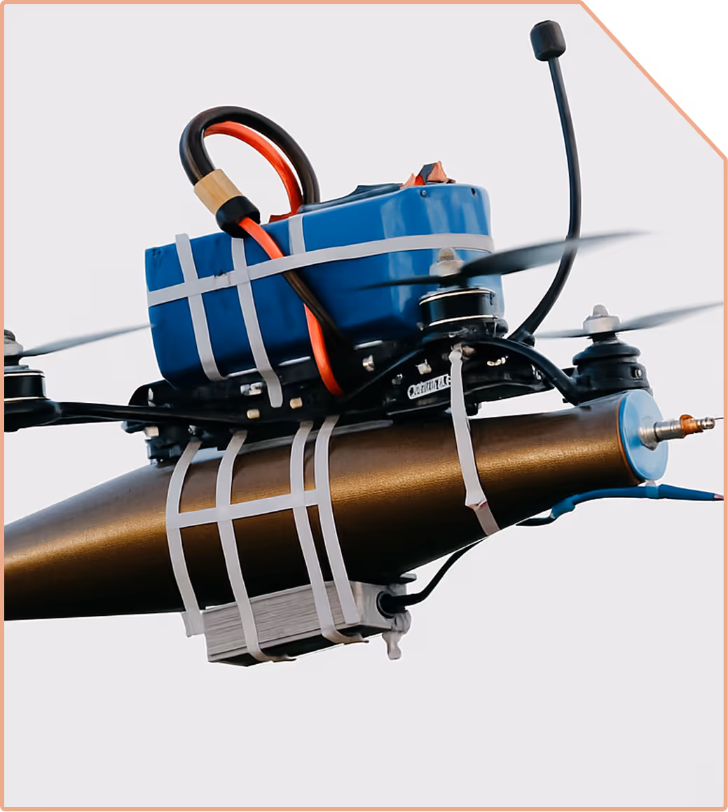 Close-up of a drone equipped with a blue battery pack and a cylindrical mounted component secured by white straps.