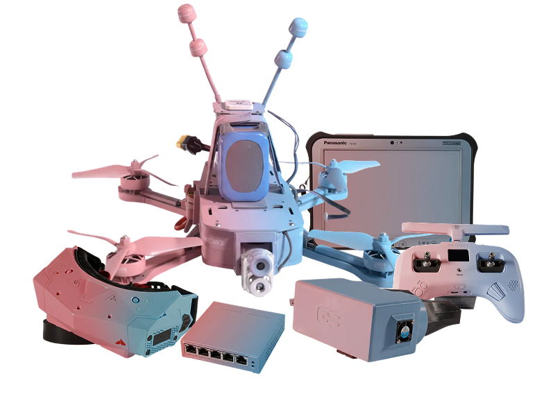 Drone with antennas, remote controller, VR goggles, network switch, and a Panasonic tablet.