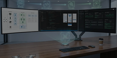 Triple-monitor computer setup on a desk displaying development workflow diagrams, coding environment, and system performance metrics with a holographic robot icon below.