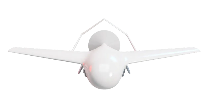 Front view of a white drone with wide horizontal wings and a circular rear component.