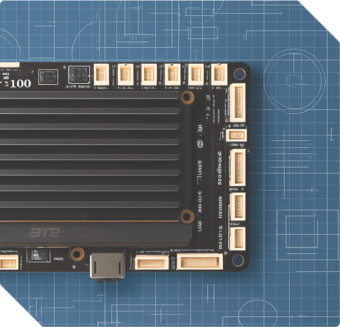 Partial view of a black electronic circuit board with multiple white connectors and a USB port, placed on a blue blueprint background.