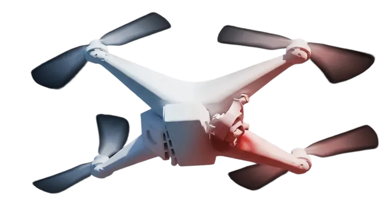 White quadcopter drone with four propellers isolated on a transparent background.