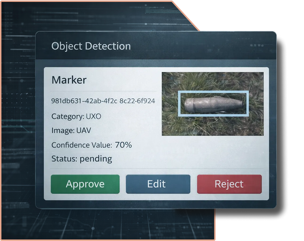 Object detection interface showing a marked image of an unexploded ordnance (UXO) with 70% confidence, and options to Approve, Edit, or Reject.