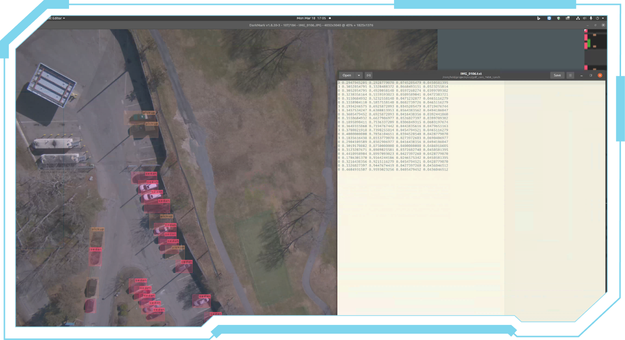 Aerial view of a parking lot with multiple vehicles labeled as sedan or pickup using bounding boxes in an image annotation software interface next to a window showing numerical data.