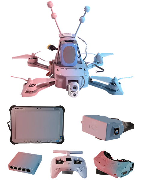 White and blue quadcopter drone with a front camera and antennas, accompanied by a tablet, a rectangular sensor device, a network switch, a remote controller, and FPV goggles.