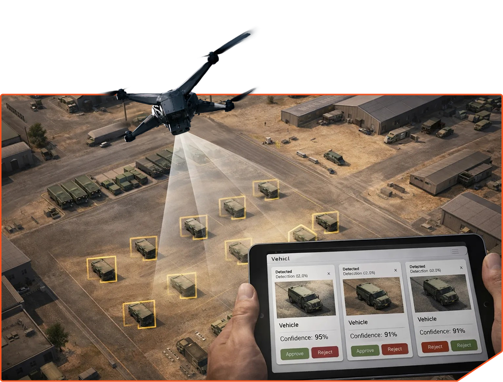 Drone flying over a military base scanning vehicles with a tablet showing detected vehicles and confidence levels for approval.