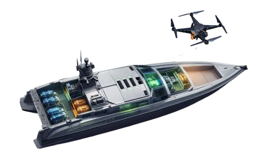 Cutaway view of a high-tech boat showing internal components and a black drone flying above it.