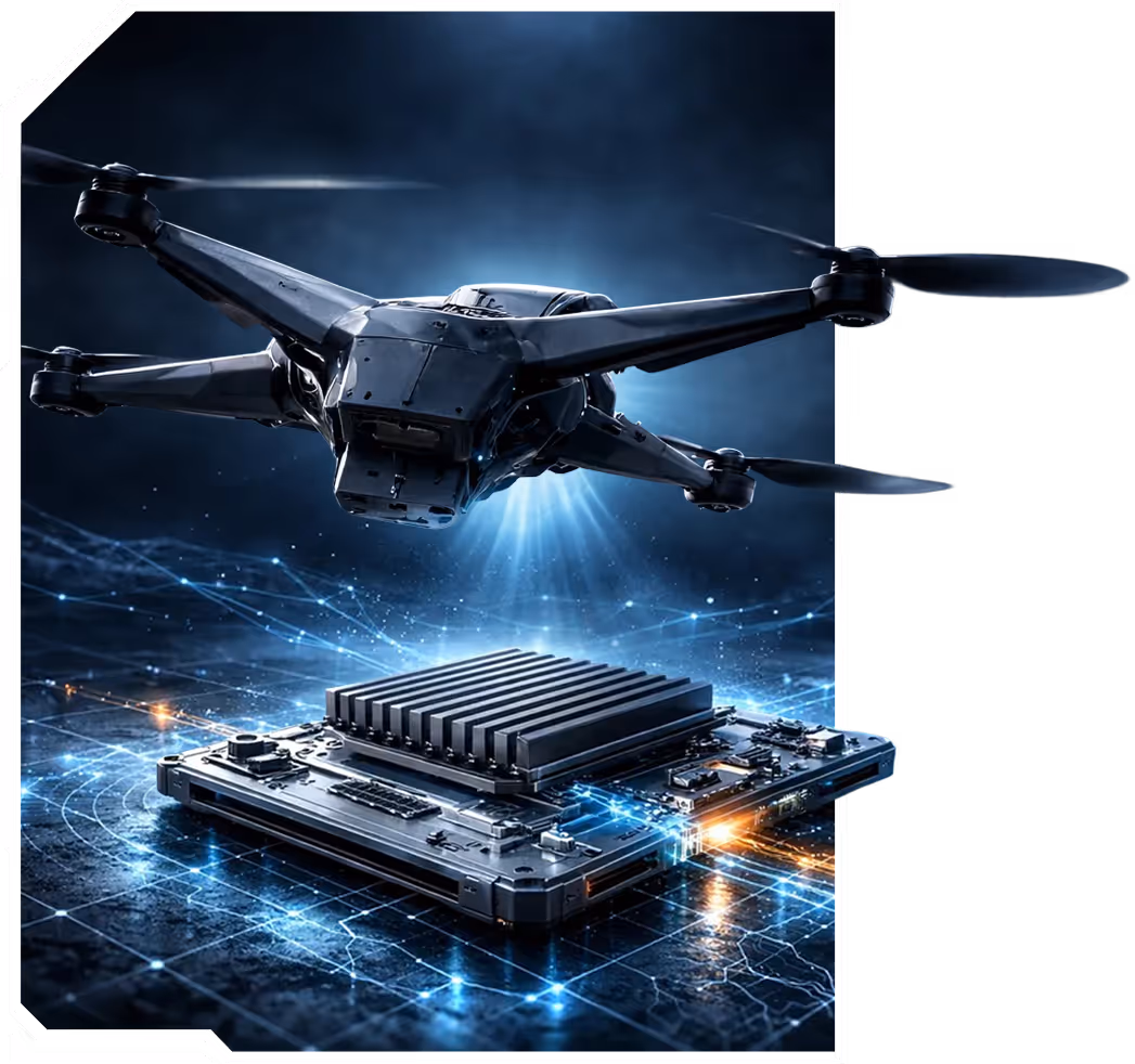 Futuristic drone hovering above a glowing digital circuit board with electronic components.