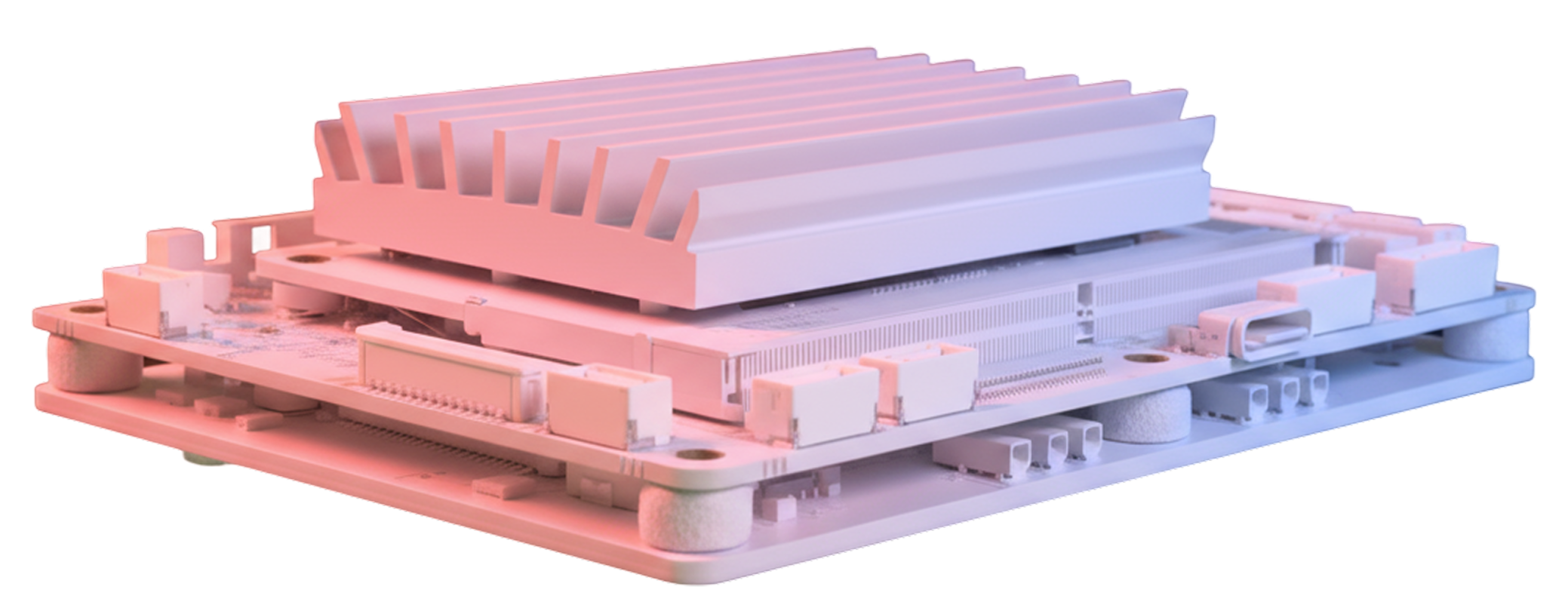 3D rendering of a compact circuit board with a large heat sink on top and multiple connectors around the edges.