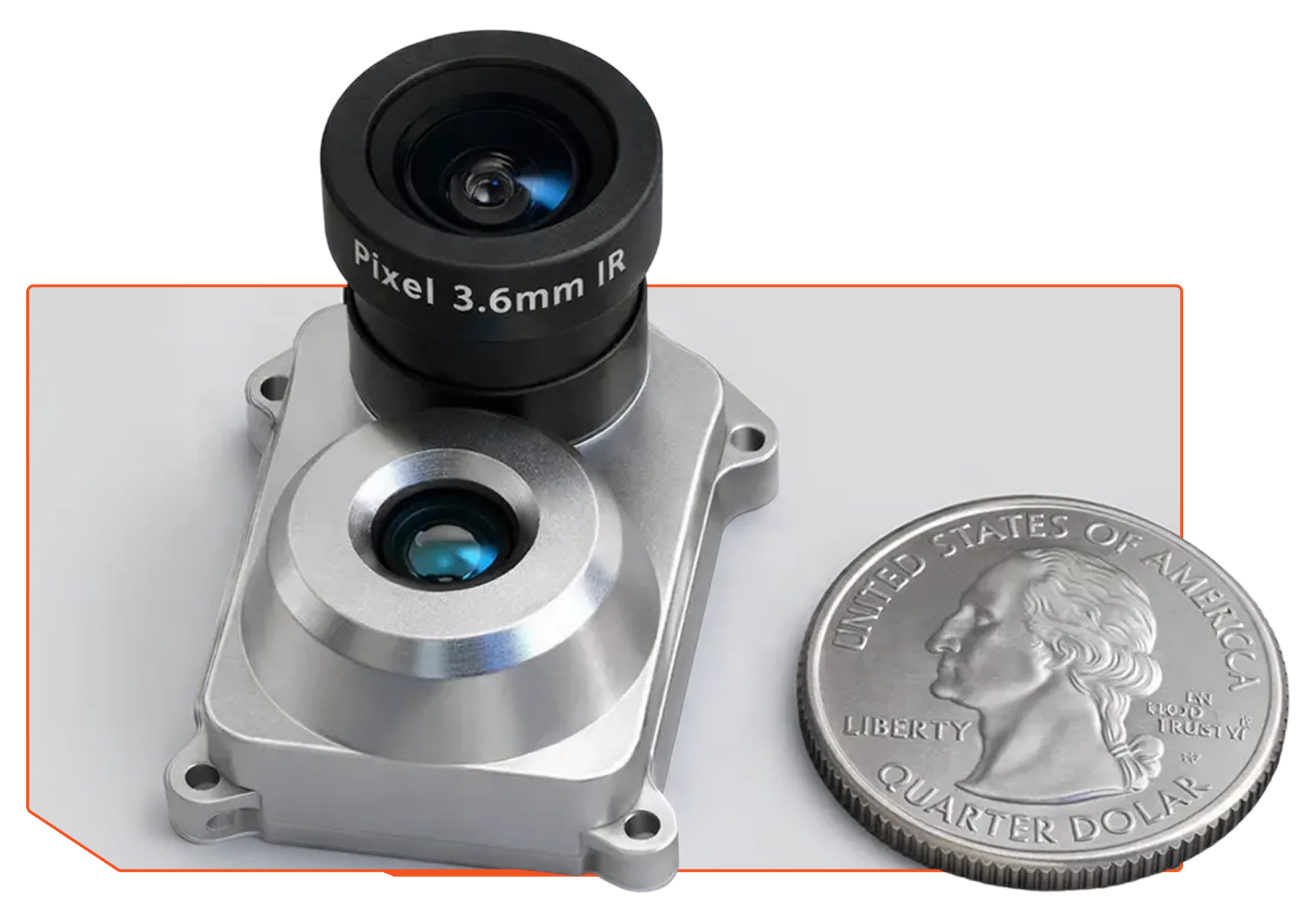 Small metal camera module labeled Pixel 3.6mm IR next to a US quarter coin for size comparison.
