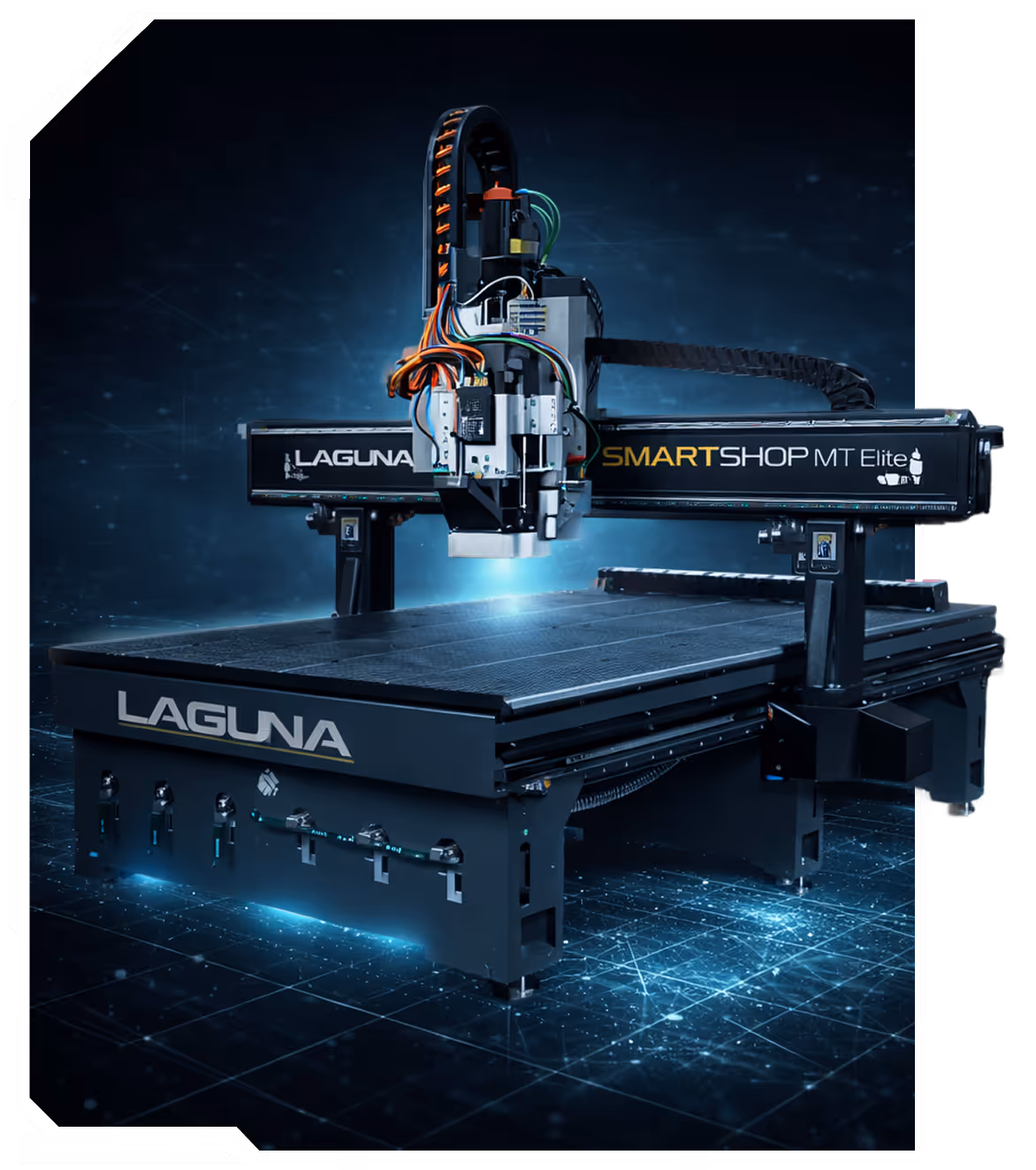 Laguna SmartShop MT Elite CNC machine with industrial design and integrated wiring, set against a futuristic digital grid background.