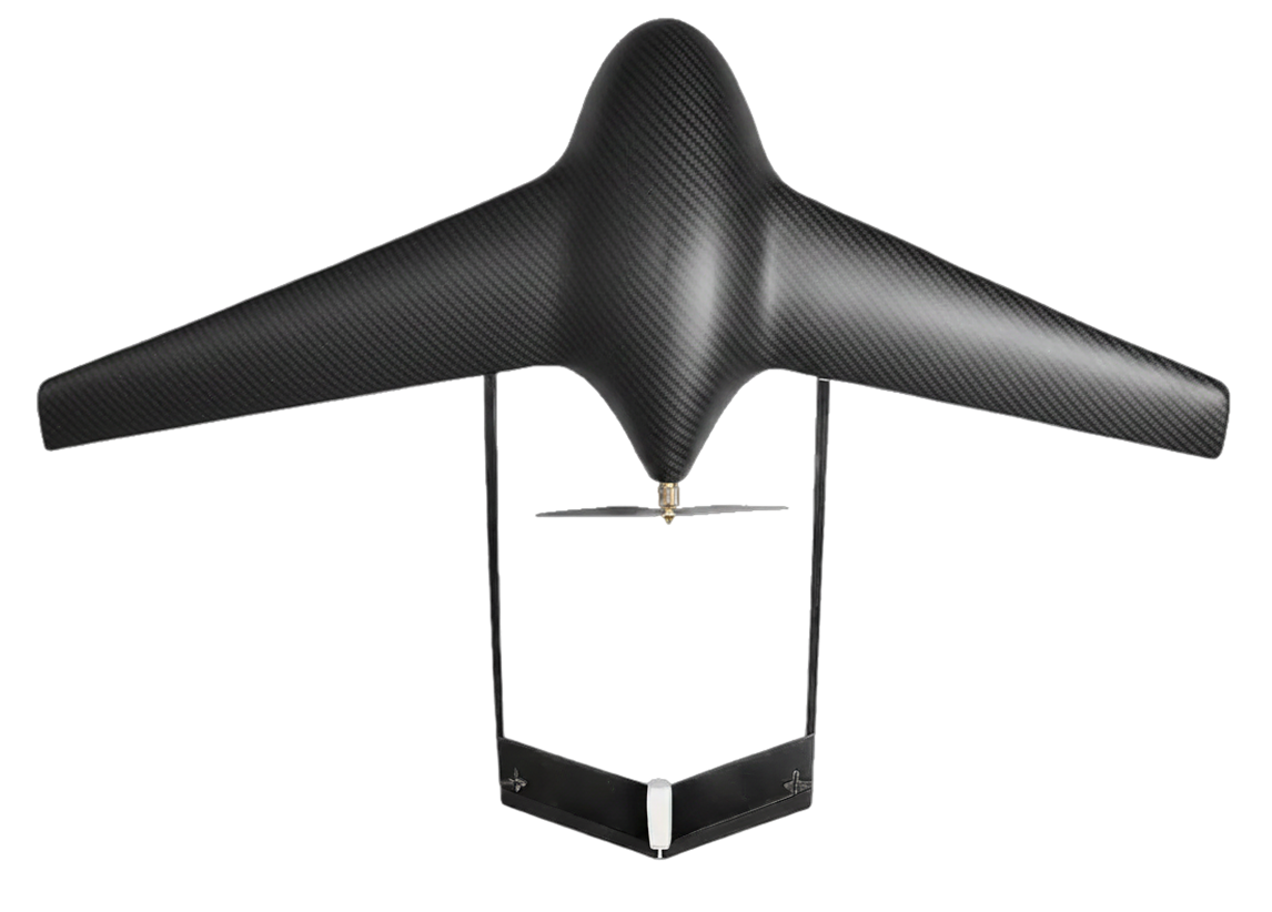 Top view of a sleek black drone with a carbon fiber texture and a central propeller mounted beneath the body.