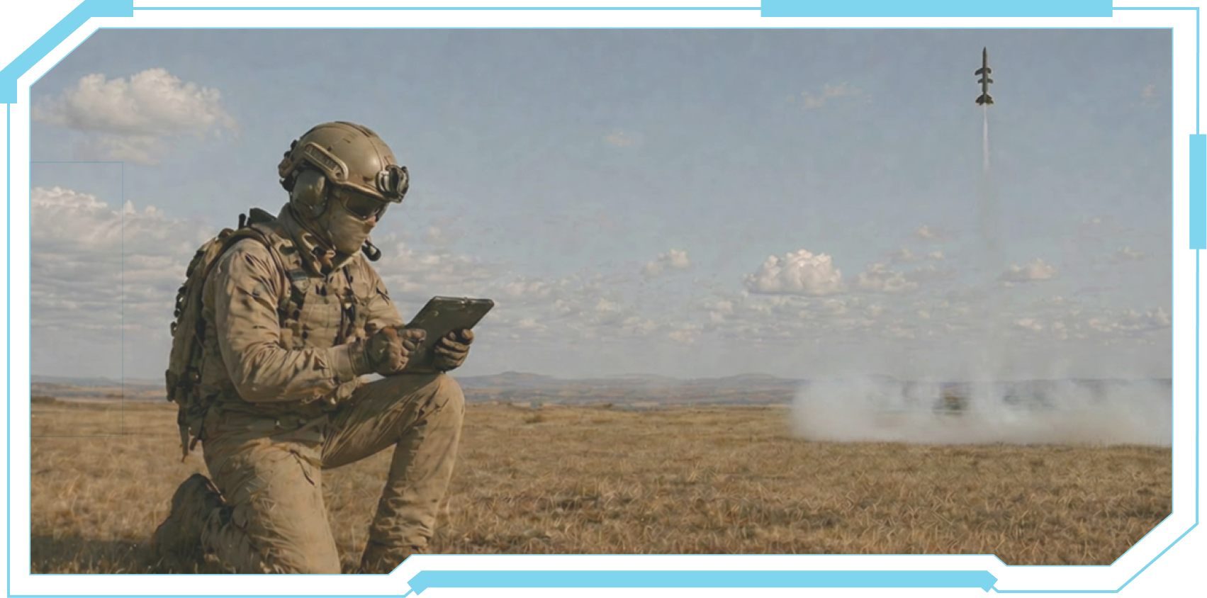 Soldier in tactical gear kneeling in a field operating a tablet while a rocket launches into the sky in the background.