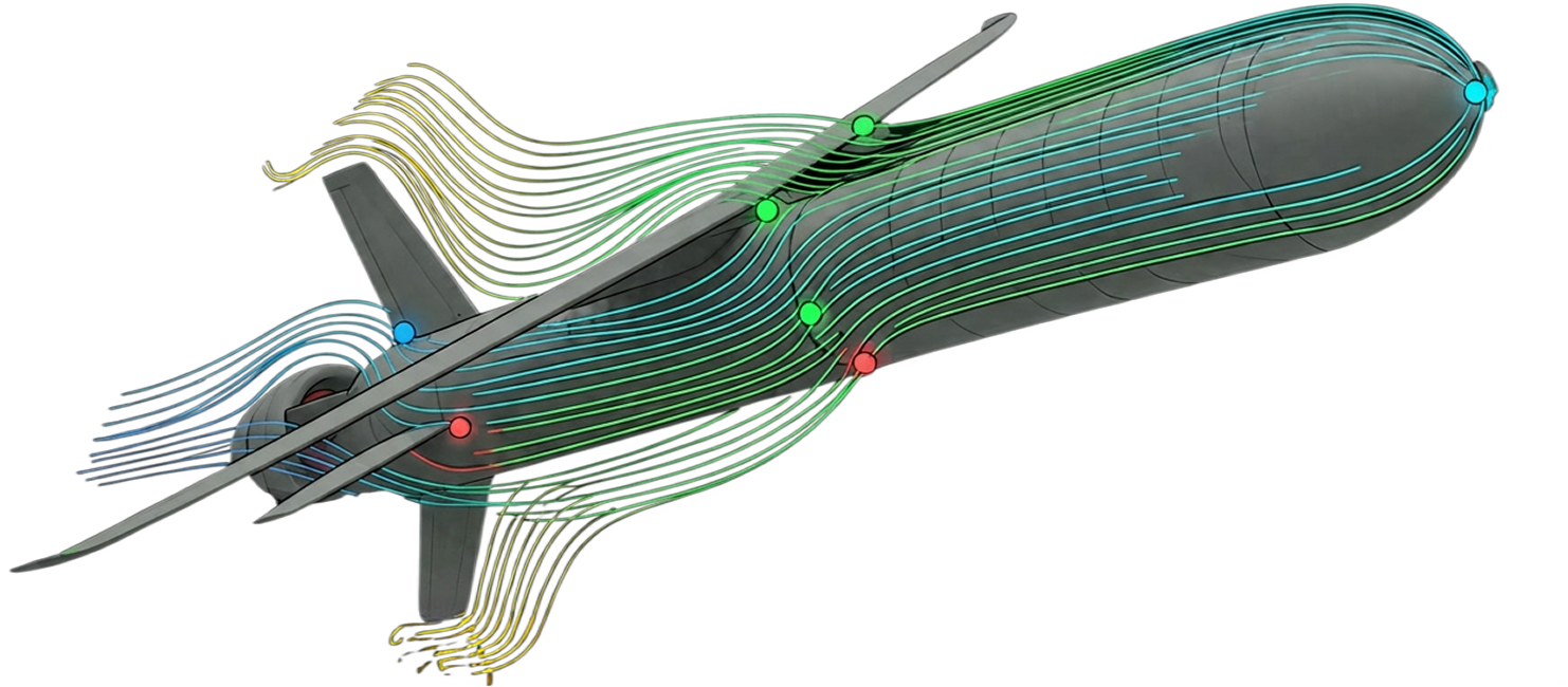 3D aerodynamic flow lines over a sleek, grey airplane with colored markers along the body and wings showing airflow paths in blue, green, and yellow.