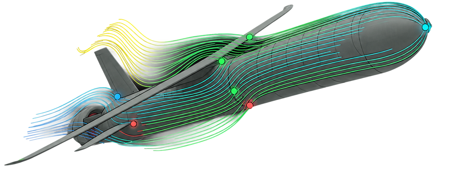 3D aerodynamic flow lines over a sleek, grey airplane with colored markers along the body and wings showing airflow paths in blue, green, and yellow.