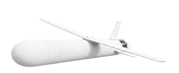 White cylindrical drone with straight wings and rear propeller on a transparent background.