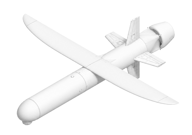 White cylindrical drone with straight wings and rear propeller on a transparent background.