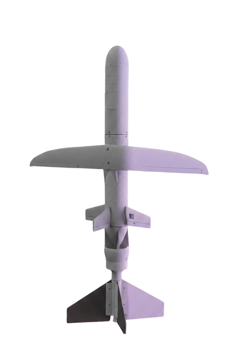 Top-down view of a gray unmanned aerial vehicle (drone) with wings and tail fins.