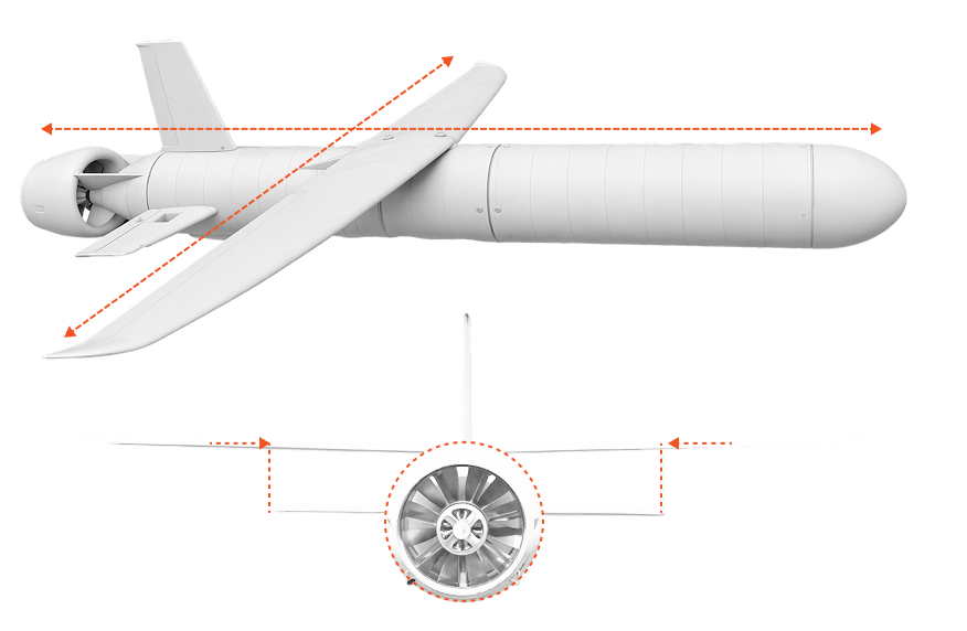 White drone with dimensions labeled: length 56 inches, wingspan 55 inches, tail width 15 inches, and engine diameter 6 inches.