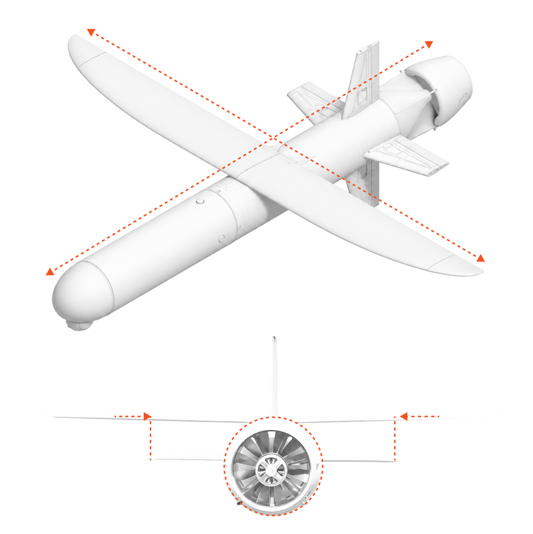 White drone with dimensions labeled: length 56 inches, wingspan 55 inches, tail width 15 inches, and engine diameter 6 inches.