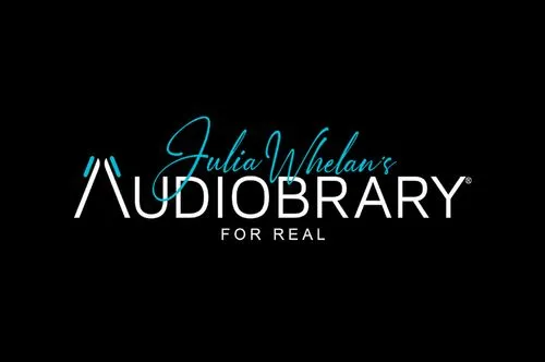 Logo for Julia Whelan's Audiobry with tagline 'For Real' on black background.