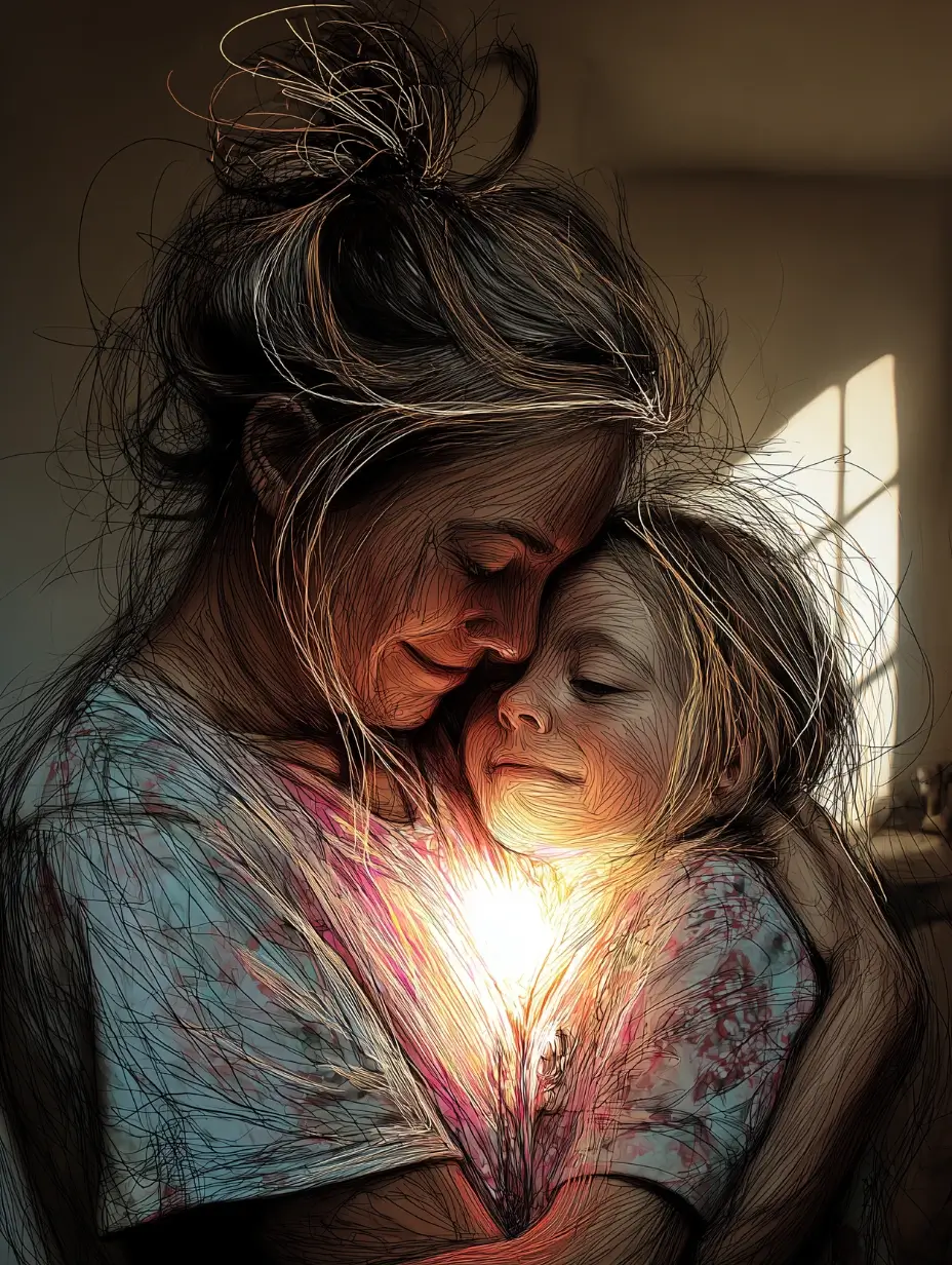 Artistic image of a mother and child embracing with a glowing light between them.