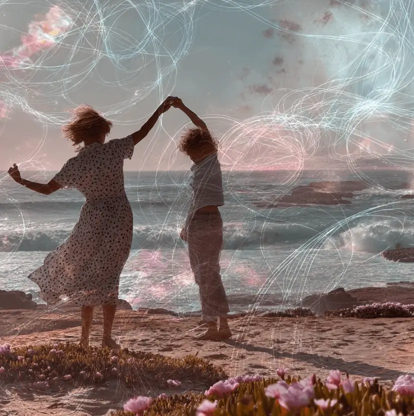 Two people holding hands and dancing on a beach at sunset with waves in the background and light swirl effects overlaying the scene.