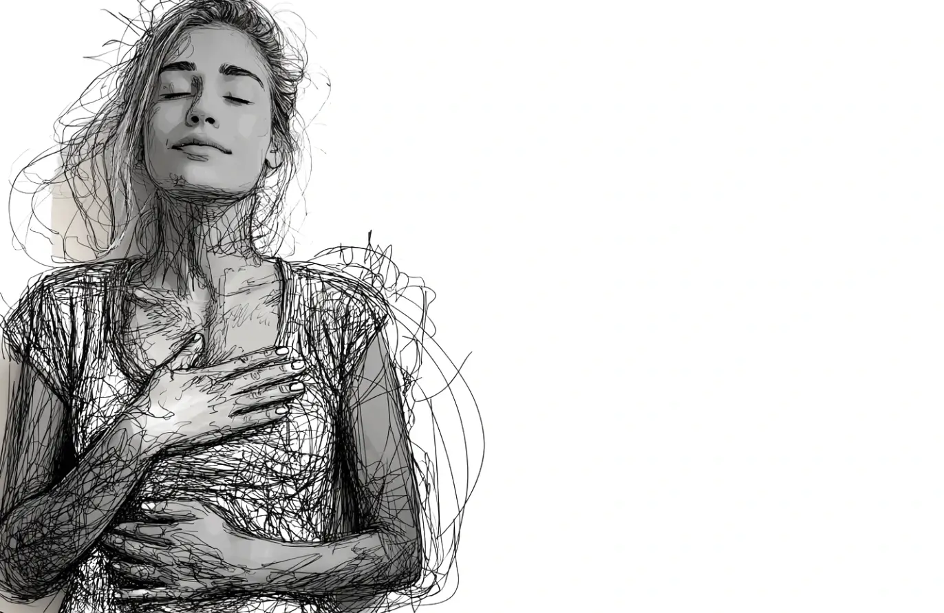 Sketch-style illustration of a woman with closed eyes, one hand on her chest and the other on her abdomen, conveying calmness and introspection.