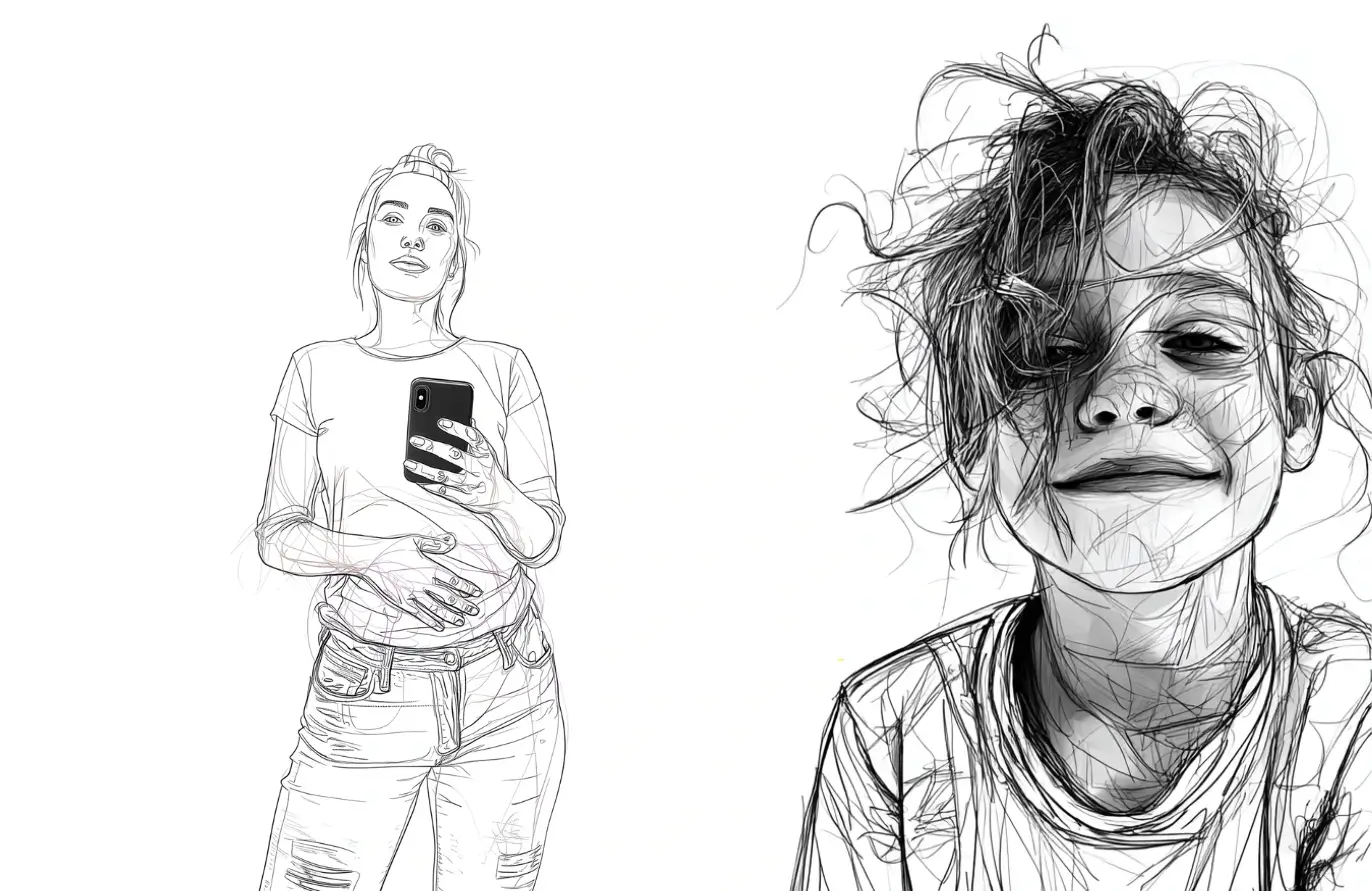 Black and white line drawing of a woman taking a selfie with one hand on her stomach, alongside a close-up sketch of a smiling child with tousled hair.