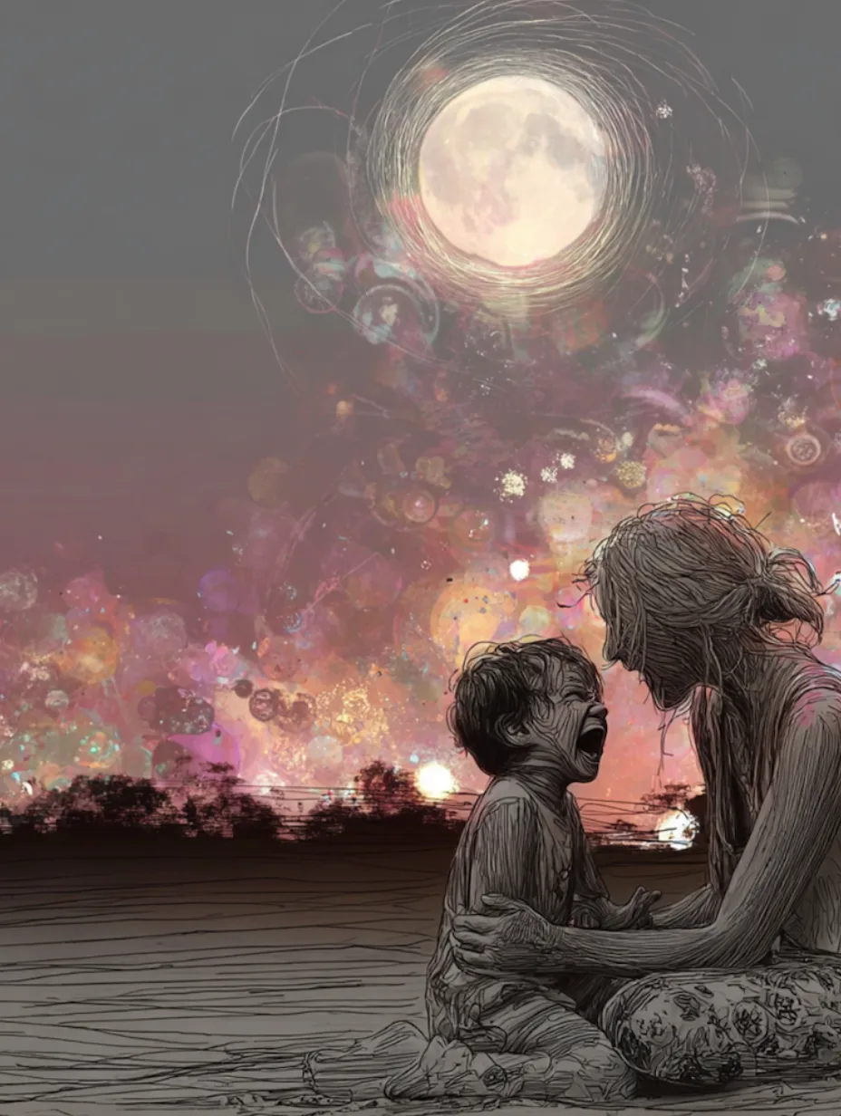 Illustration of a distressed child and a woman facing each other under a bright full moon with a colorful, abstract night sky background.