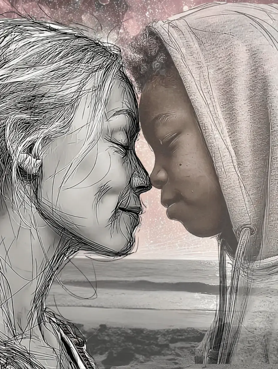 Artistic illustration of a woman and a young man with a hoodie touching foreheads with eyes closed against a serene background.