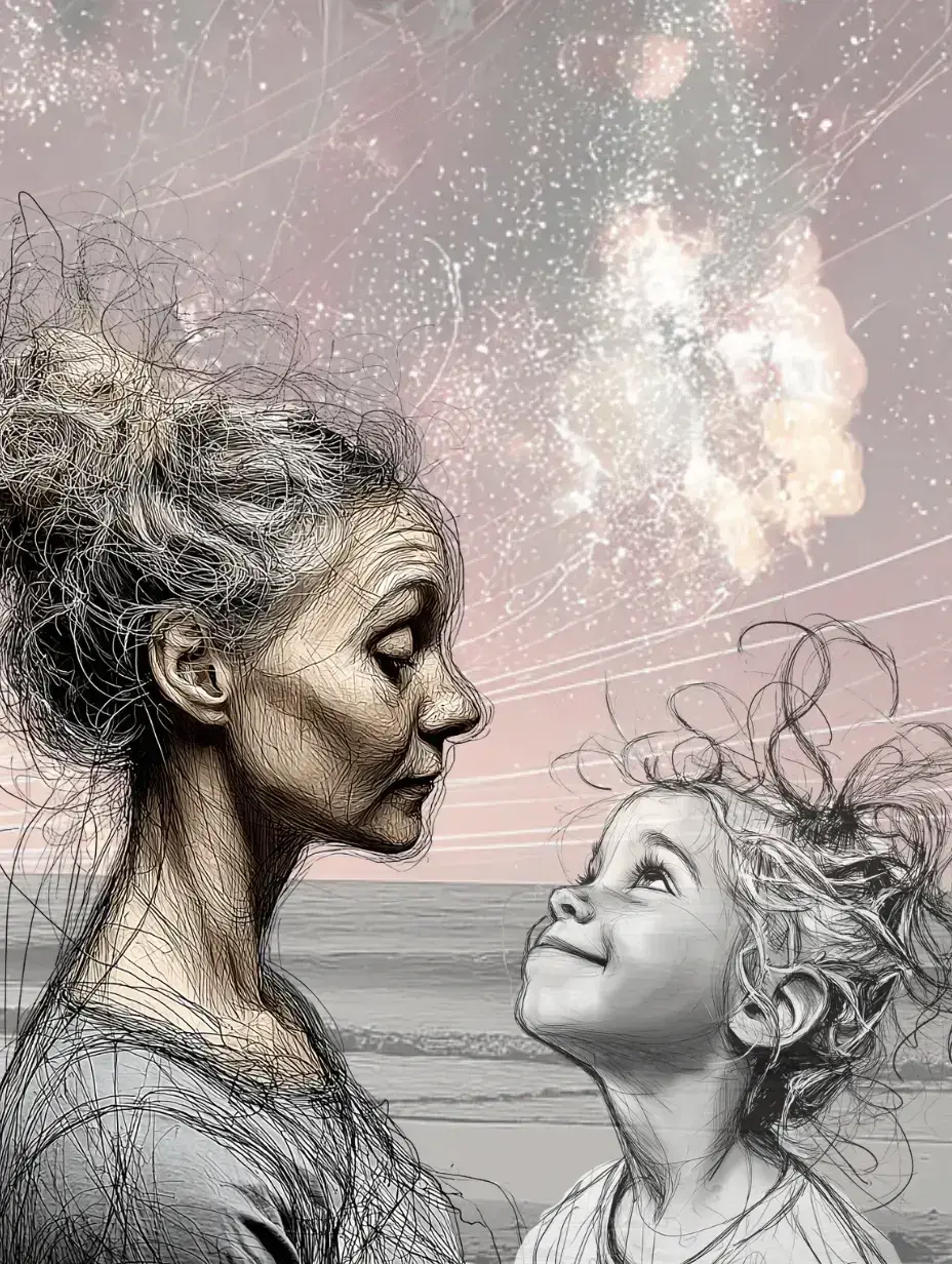Illustration of an elderly woman and a young girl with tousled hair looking at each other by the sea under a sparkling, ethereal sky.