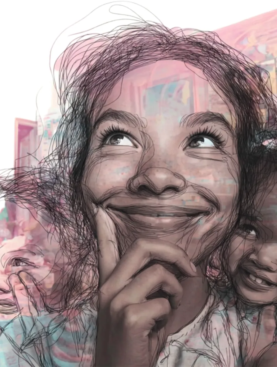 Artistic sketch overlay of a smiling person looking upwards with their hand on their chin, conveying a thoughtful expression.