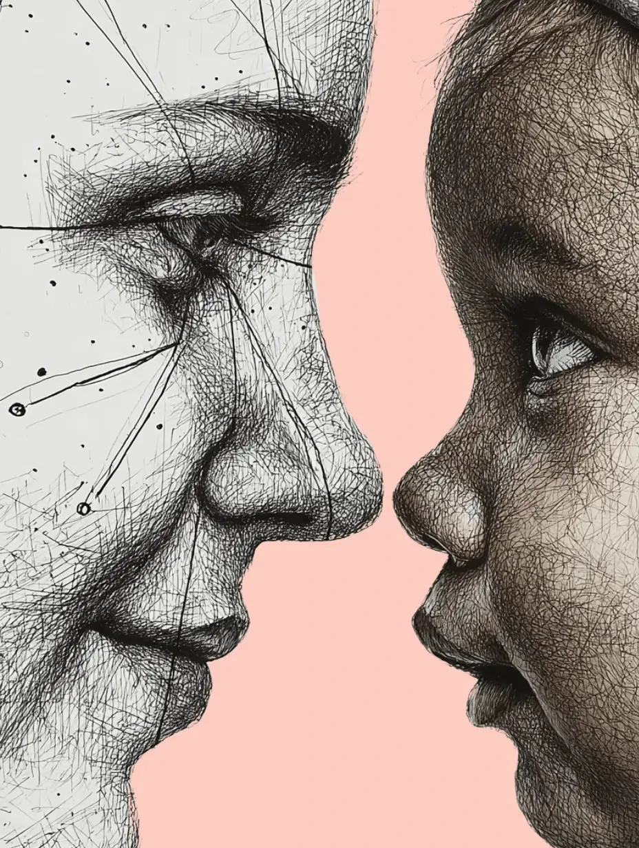 Detailed sketch of two faces close together, one light-skinned with abstract lines and one dark-skinned on a pink background.