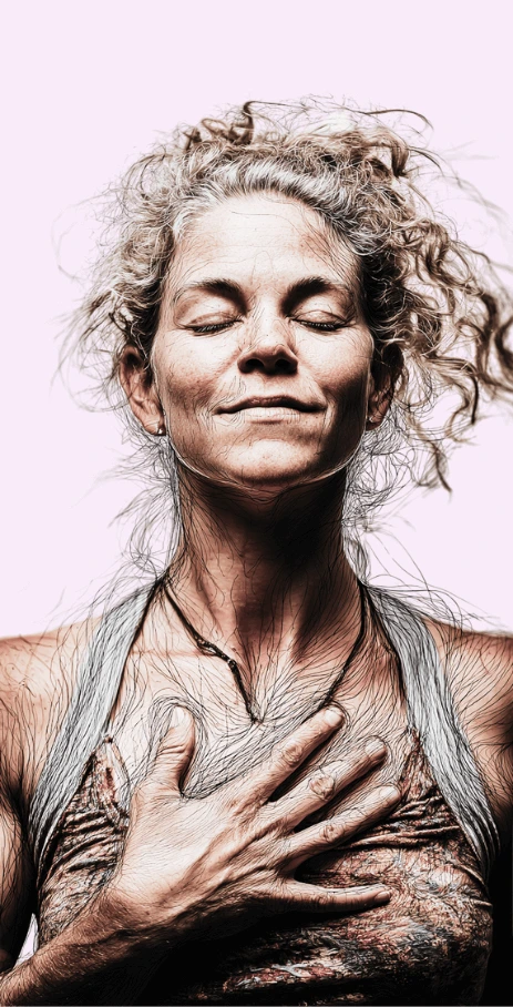 Sketch of a woman hand on chest, feeling her energy.