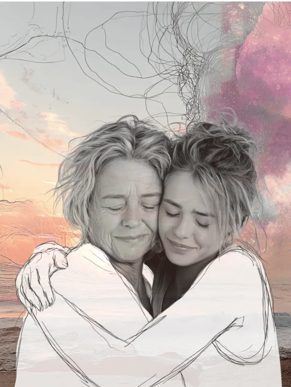 Illustration of an elderly woman and a young girl with tousled hair looking at each other by the sea under a sparkling, ethereal sky.